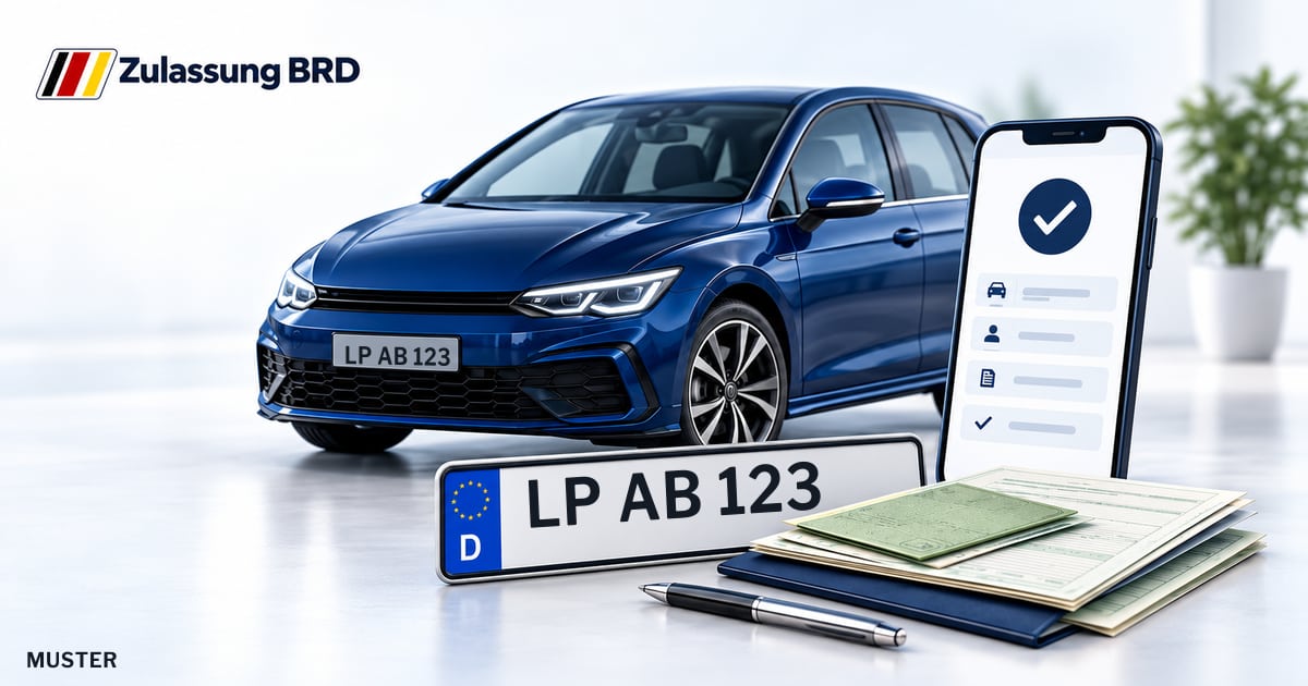 Online Fahrzeugzulassung in Anröchte: Musterkennzeichen LP AB 123, Auto und Fahrzeugpapiere und Smartphone. Illustration mit Logo von Zulassung BRD.
